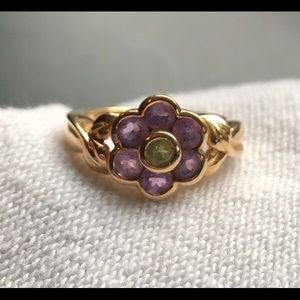 Gold Flower Ring with Amethyst and Peridot Stones